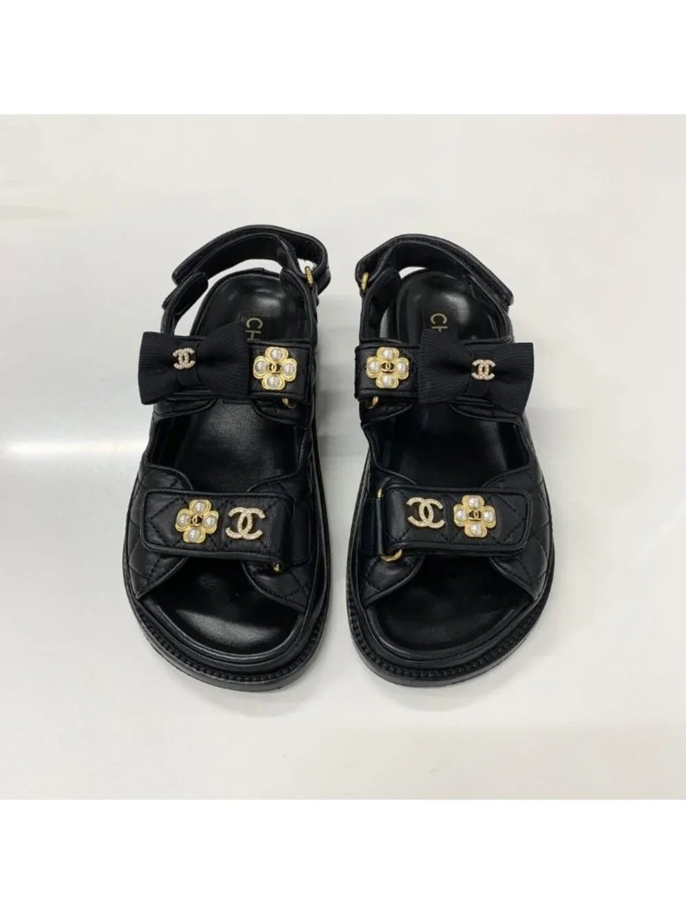 Chanel CC Logo Quilted Ribbon Leather Velcro Sandals